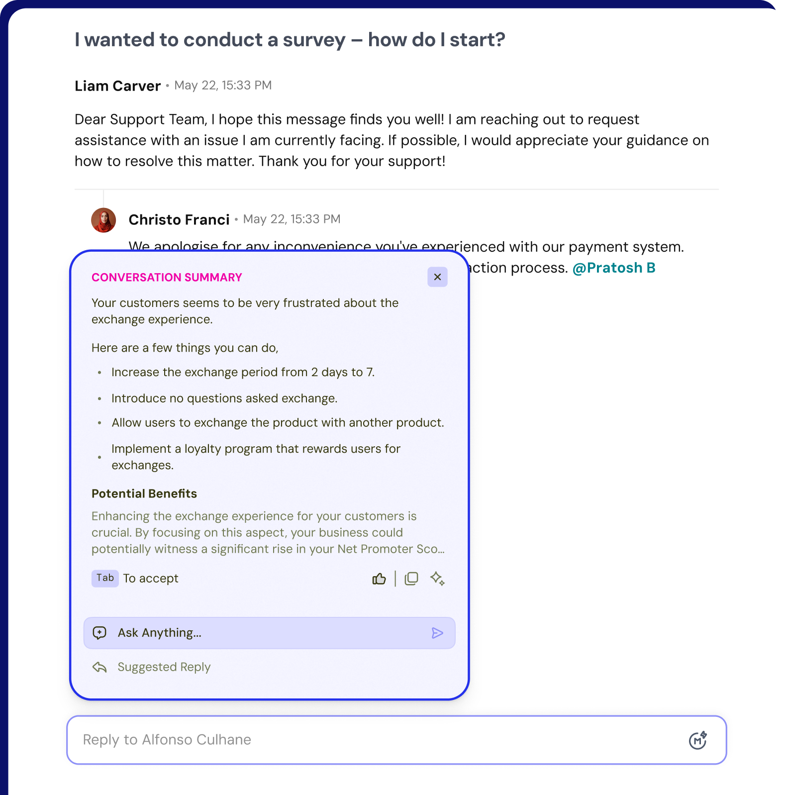 SparrowDesk Copilot conversation summary screenshot