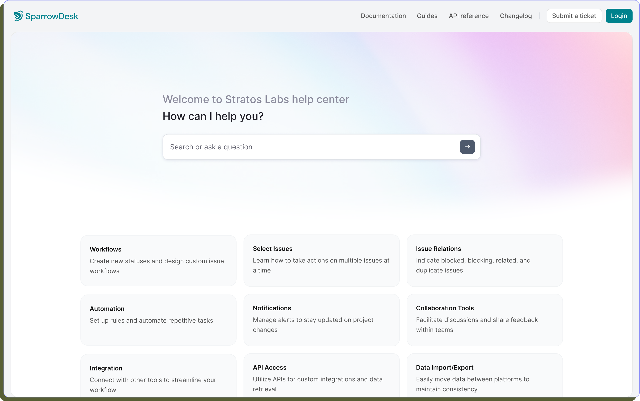 SparrowDesk help center homepage screenshot