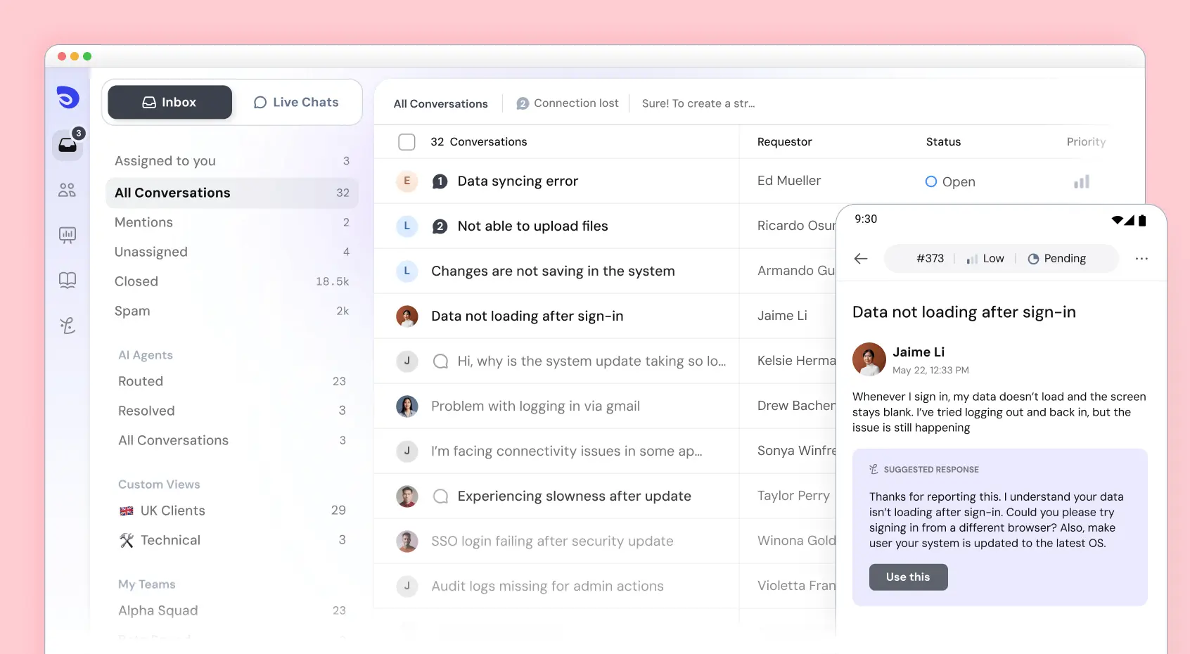 SparrowDesk tickets inbox screenshot